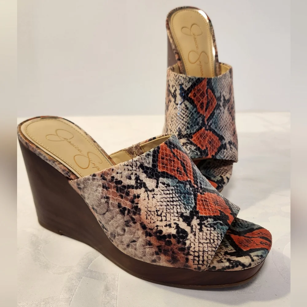 Jessica Simpson Sheyna Snake Print Wedge Sandals Multi Color Size 6